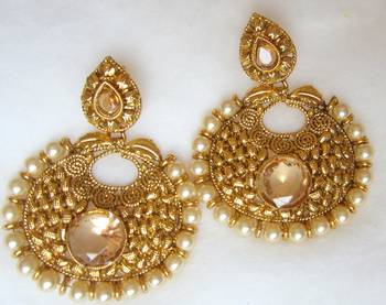Earrings Dangler Gold Plated Brown Stone Pearl 1