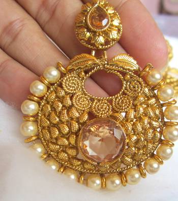 Earrings Dangler Gold Plated Brown Stone Pearl 3