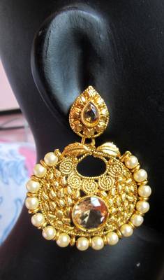 Earrings Dangler Gold Plated Brown Stone Pearl 4