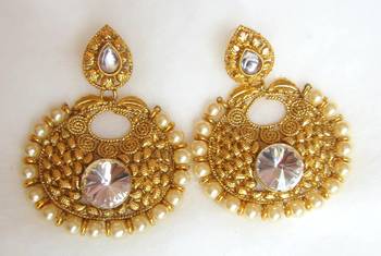 Earrings Dangler Gold Plated White Stone Pearl 1