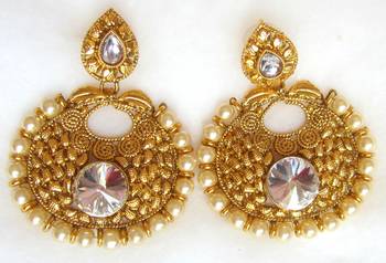 Earrings Dangler Gold Plated White Stone Pearl 2