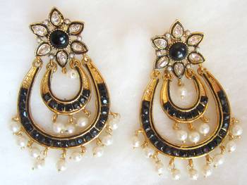 Earrings Black Gold Plated Dangler Pearl Drops 1