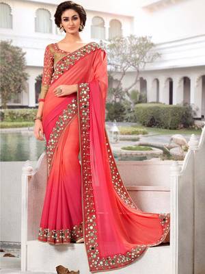 Pink Georgette Mirror Work saree with blouse Piece 1