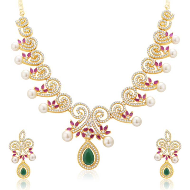 Attractive Gold And Rhodium Plated Ruby Neklace Set For Women