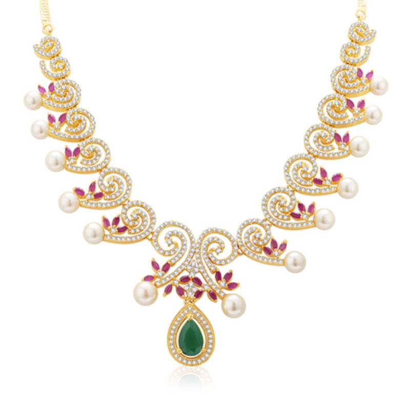 Attractive Gold And Rhodium Plated Ruby Neklace Set For Women
