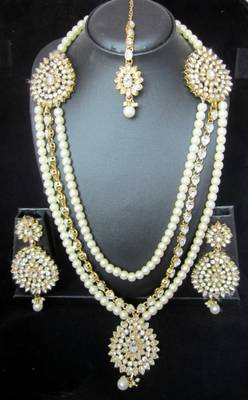 Crystal Stone Pearl Gold Plated Long Necklace Earring Tika Set 1