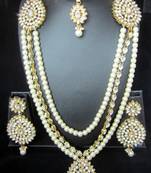 Crystal Stone Pearl Gold Plated Long Necklace Earring Tika Set