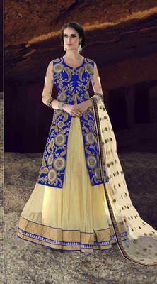 Cream Embroidered Net Semistitched Lehenga Choli With Blouse 1