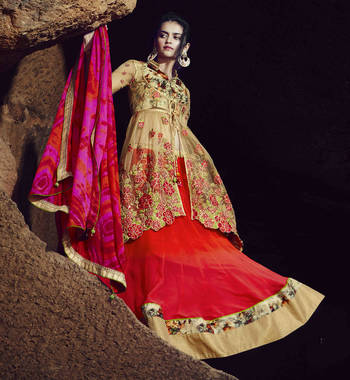 Orange Embroidered Faux Georgette Semistitched Lehenga Choli With Blouse 1