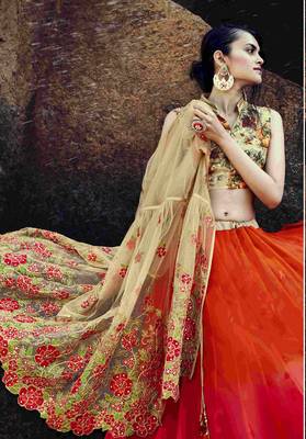 Orange Embroidered Faux Georgette Semistitched Lehenga Choli With Blouse 2