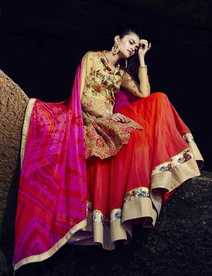 Orange Embroidered Faux Georgette Semistitched Lehenga Choli With Blouse 3