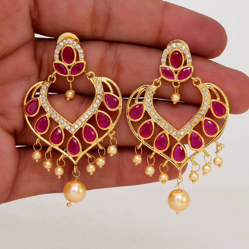 Hart Shape Gold Plated Maroon Color Hoop Fashion Jewellery Earring