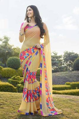 yellow printed georgette saree with blouse 1
