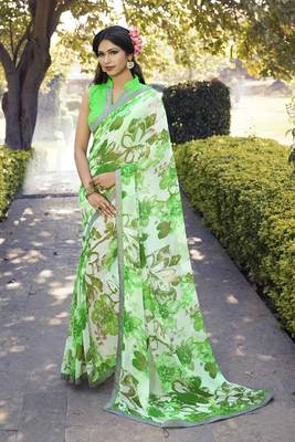 green printed georgette saree with blouse 1