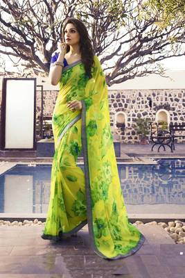 yellow printed georgette saree with blouse 1