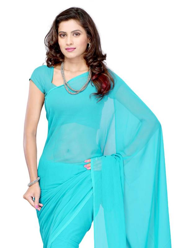 Medium Turquoise Plain Faux Chiffon Purple Saree Sari with Blouse