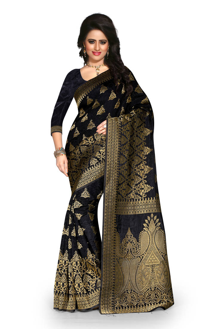 Women's Silk Blend Black Printed Designer Saree With Blouse Piece