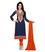 Blue cotton embroidered unstitched salwar with dupatta