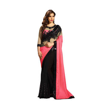 Pink & Black embroidered georgette saree With Blouse 1