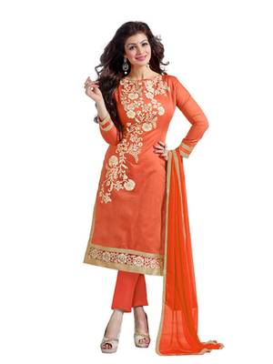 Orange embroidered chanderi unstitched salwar with dupatta 1