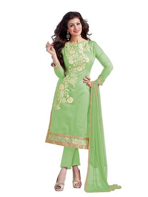 Green embroidered chanderi unstitched salwar with dupatta 1