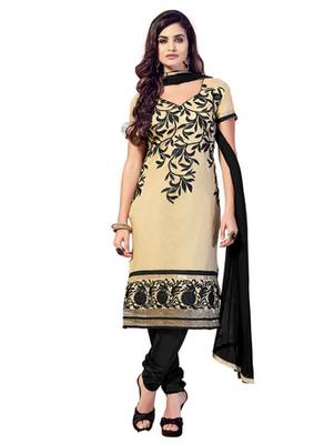 Beige embroidered cotton unstitched salwar with dupatta 1