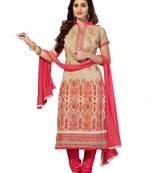Beige embroidered cotton unstitched salwar with dupatta