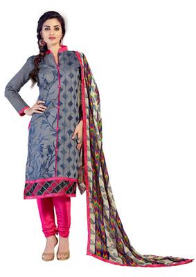 Grey embroidered cotton unstitched salwar with dupatta 1