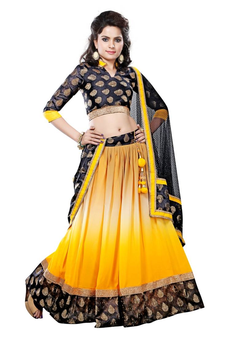 yellow and black combination dress Gamthi Work Fabric Yellow Colour Gown For Garba