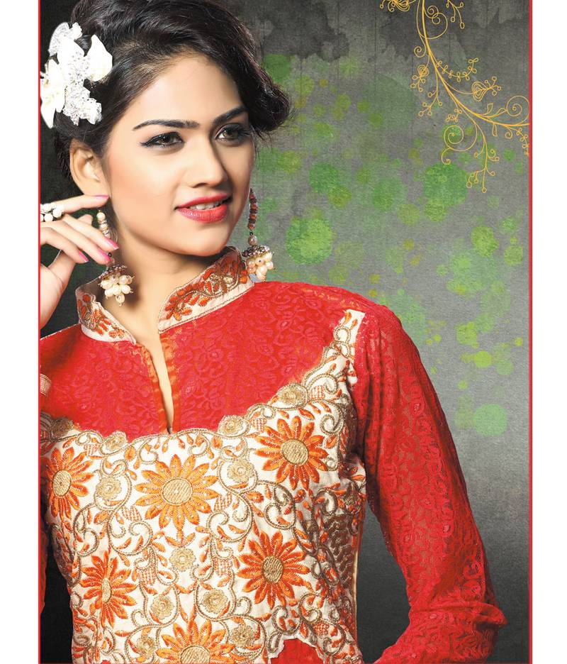 Royal Red Embroidered Festive Kurti Set with Net Dupatta main image 1