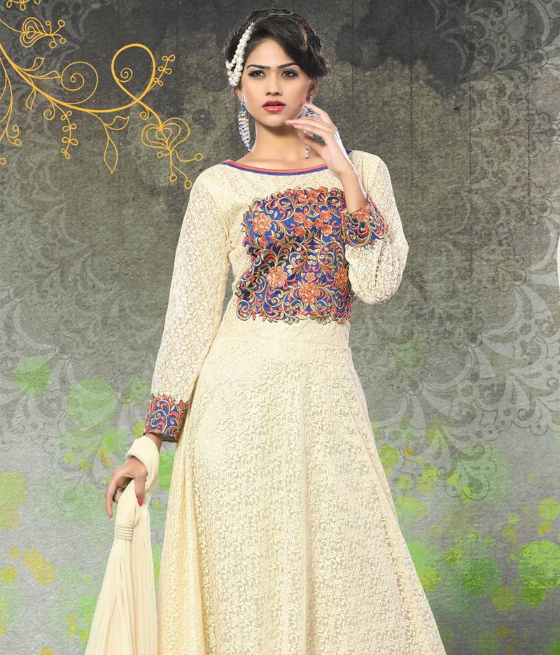 Off White Embroidered Silk Blend A-Line Gown With Dupatta