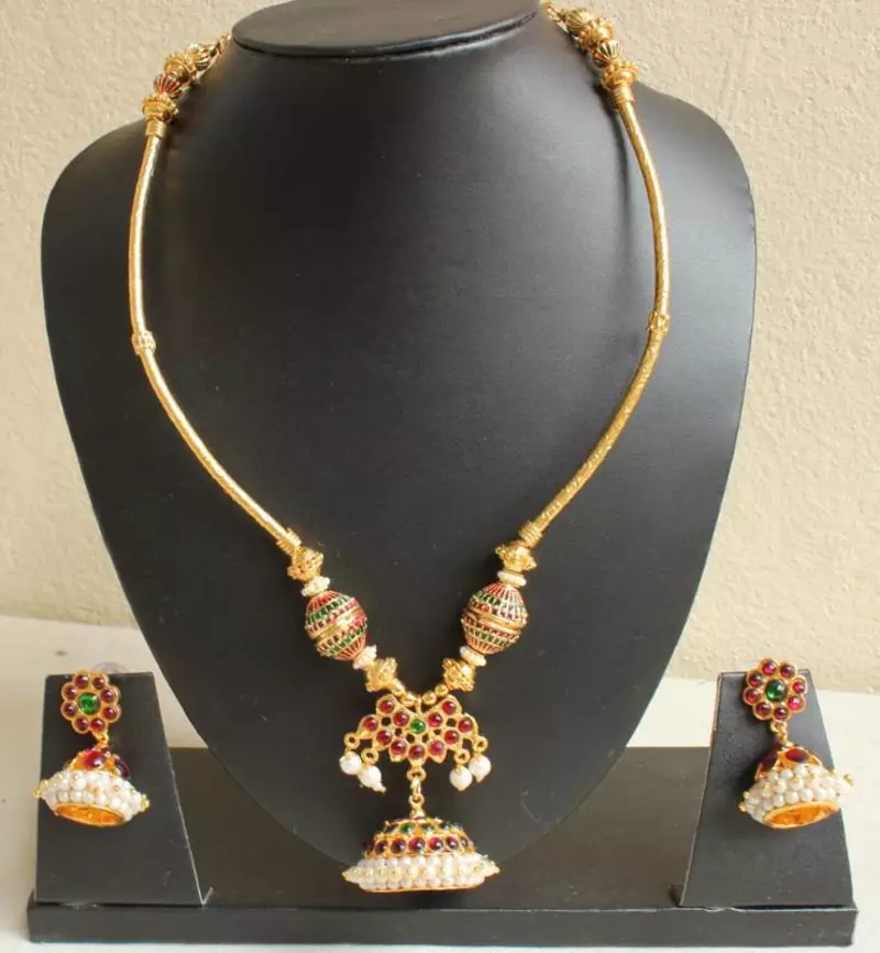 Beautiful Unique Jhumka Pendant Temple Necklace Set DJ02797