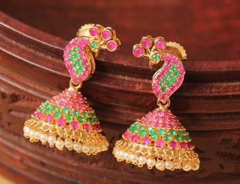 Awesome Designer Pink Green Small Peacock Jhumka 1
