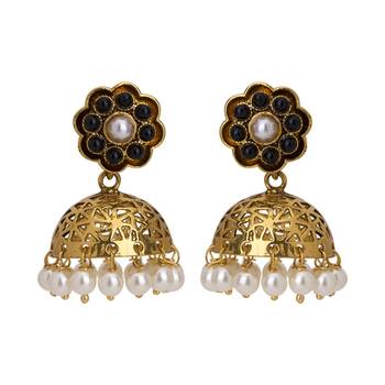 Gold Plated Black And White Pearl Finished Classical Filigree Jhumki 1