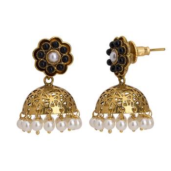 Gold Plated Black And White Pearl Finished Classical Filigree Jhumki 2