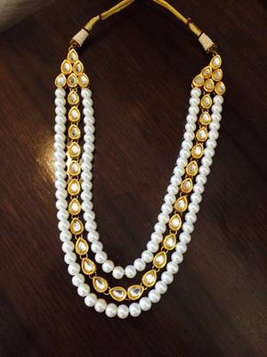 Kundan And Pearl Line Gold Plated Long Necklace 1