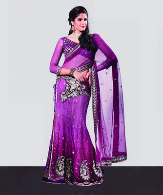 Purple embroidered net saree with blouse 1