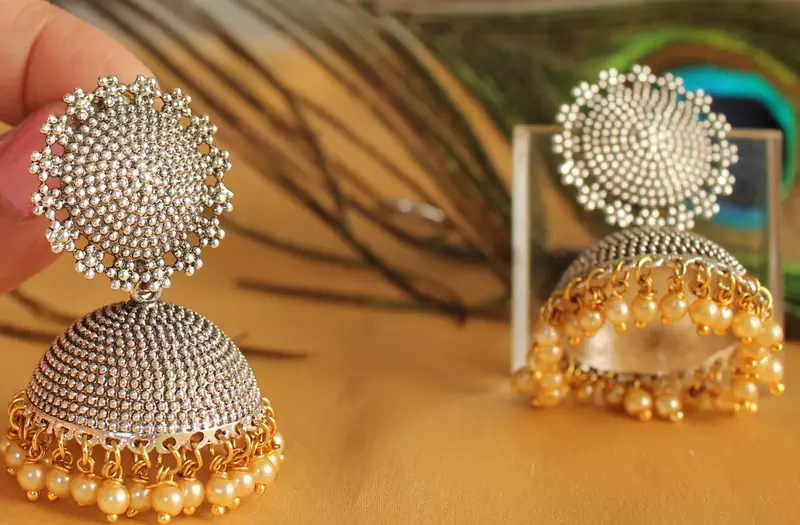 Gorgeous Oxidized Silver Jhumka With Pearl Drops Dj03102