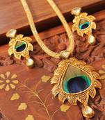 Gorgeous gold palted kundan real peacock feather necklace set-dj01797