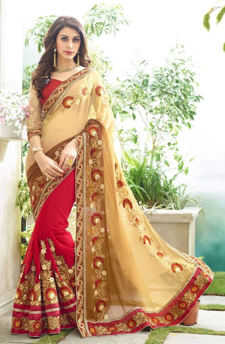 Cream and Red embroidered georgette saree With Blouse