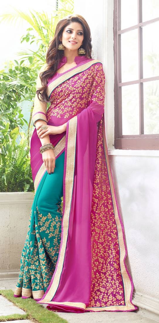 Pink and Sea Green embroidered saree With Blouse SRP
