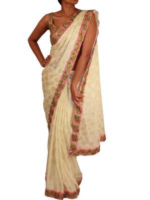 Sweta Sutariya's - Pearl white and Gold saree with kundan work border  1