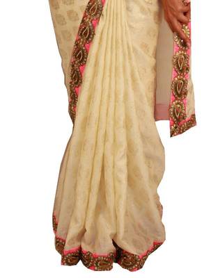 Sweta Sutariya's - Pearl white and Gold saree with kundan work border  3