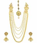 Long Golden Beige Polki Stones Necklace Set with Maang Tika Jewellery for Women - Orniza