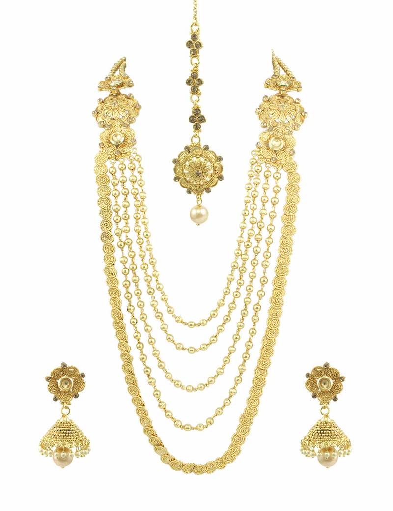 Long Golden Beige Polki Stones Necklace Set with Maang Tika Jewellery for Women - Orniza