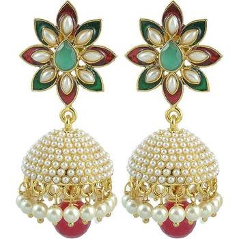 gold plated ruby pearl enamel jhumki earring 1