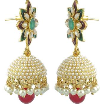 gold plated ruby pearl enamel jhumki earring 2
