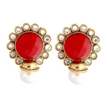 Red Stone Kundan Pearl Stud Earring 1