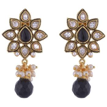 Kundan Flower Pearl Black Stone Meena Earring 1
