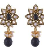 Kundan Flower Pearl Black Stone Meena Earring